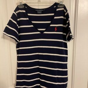 Ralph Lauren Sport women’s striped top polo size M navy & cream‎ 💯% Pima cotton